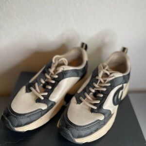 Coach Beige and Black Logo Panel Lace-Up Sneakers